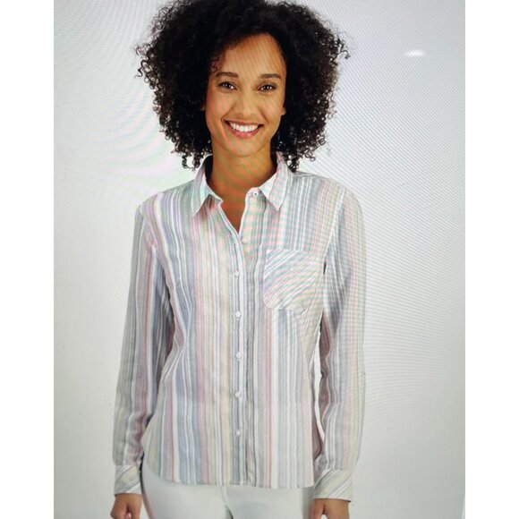 Nautica Jeans Womens 2X Multicolor Striped Button-Up Shirt100%Cotton Lightweight - Picture 1 of 14